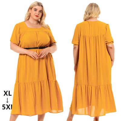 China Solid Color Viable Beach Fashion Tiered Women's Plus Size Dresses 4xl 5xl Short Sleeve Loose Retro Bohemian Women's Plus Size Gold Dress for sale