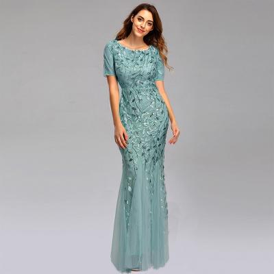 China Anti-Static Evening Gown Long Dress Mermaid Evening Sequin Dresses Short Sleeve Lace Appliques Tulle Evening Dress Sexy Sparkle Evening Dress for sale