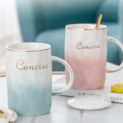 China Viable Wholesale Ceramic Gradient Color Mother's Day Couple Water Mug Gift Set Milk Coffee Mug With Cover for sale