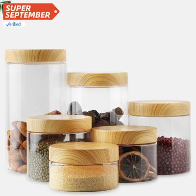 China 80Ml 100Ml 120Ml 150Ml 200Ml 250Ml Pet Cosmetic Empty Clear Lid Container Wood Grain Food Grade Plastic Jar With Bamboo Line Lid for sale