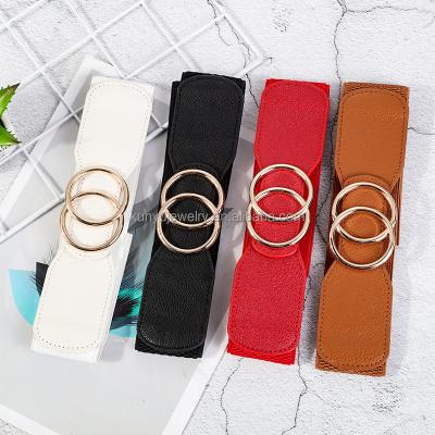 China Comfortable Fashion Elegant Belt For Lady Women Elastic Stretch Wide Waistbands With Double O Circles Rings Buckle for sale