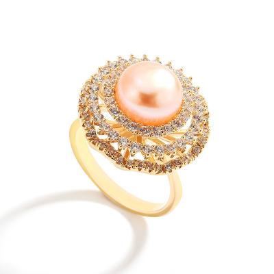 China Women Romantic Tone Diamond Open Rings 18K Gold Real Gold Plated Copper Alloy Imitation Pearl Rhinestone Adjustable Rings For Girls for sale