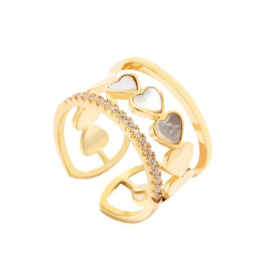 China Romantic Fashion Jewelry 18K Gold Plated Heart Type Crystal Rhinestone Open Ring Diamond Shell Open Finger Ring For Elegant Women for sale