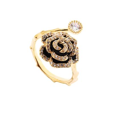 China Romantic Stainless Steel 18k Gold Plated Adjustable CZ Flower Index Ring Zircon Rose Flower Open Finger Rings for sale