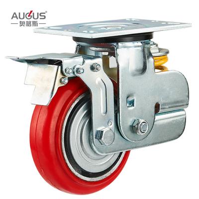 China High Load Capacity Single Spring Caster Red PU Iron Core Double Bearing Wheel 5 6 8 inch Fixed Swivel Dual Brake Heavy Duty en venta