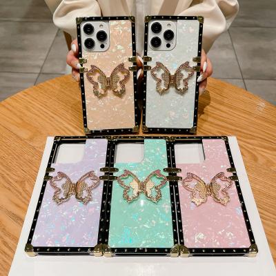 China Luxury Square TPU Phone Case With Butterfly Stand For iPhone 14 plus 13 pro Max Phone Cover for sale