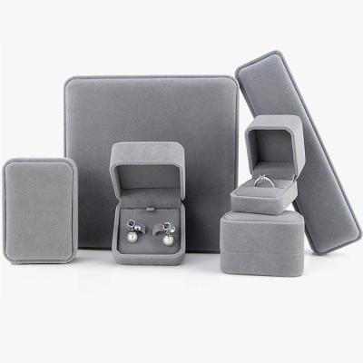 China Wholesale Custom Gray Velvet Earring Pendant Necklace Box Logo Round Corner Double Ring Velvet Jewelry Display Packaging Organizer for sale