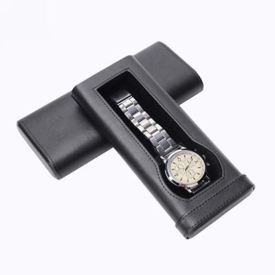 China Custom Logo Printed Luxury PU Leather Travel Watch Case Black Drawer Watch Packaging Box for sale