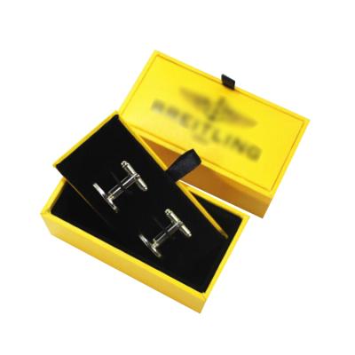 China Custom Logo 2 PC Structure Cufflink Paper Black Stamping Yellow Paper Gift Box With Competitive Price for sale