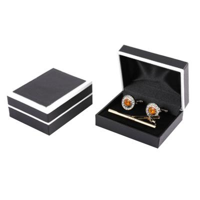 China Custom Printed Logo Paper Plastic Frame Cufflink Black Paper Box Competitive Price With White Lines for sale