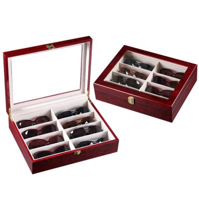 China Factory Wholesale Wooden Clamshell 8 Slots Glass Box Red Solid Wooden Case With Window And Lock for sale