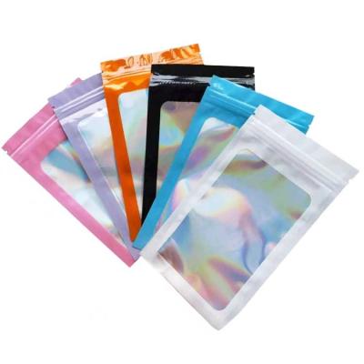 China Resealable Logo Resealable Hologram Mylar Holographic Laser Candy Bag Packaging Zipper Recyclable Custom Plastic Makeup Bag for sale