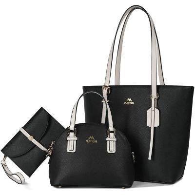 China Hot Selling Water Resistant PU Leather Shoulder Handbag and Purse Top Handle Tote Bags Wholesale 3pcs in 1 Set Designer Women Handbags for sale