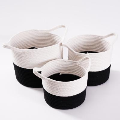 China Sustainable Hot Selling Color Round Cotton Joint Rope Woven Storage Basket With Handles for sale