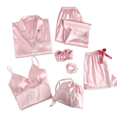 China Wholesale Breathable Custom 7 Suit Pijamas Set Femme Sexy Satin Lingerie Set Silk Like Satin Women's Sleepwear for sale