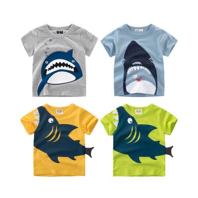 China New Cotton 2021 Style Boys Shark Short Sleeve Polyester/Polyester Crewneck T-shirts Cute Tee Top Size 3-8 Years Old for sale