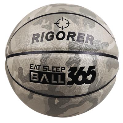 China Outdoor Hygroscopic Leather And Indoor Rubber Gray Camouflage Basketball Ball High Grade for sale