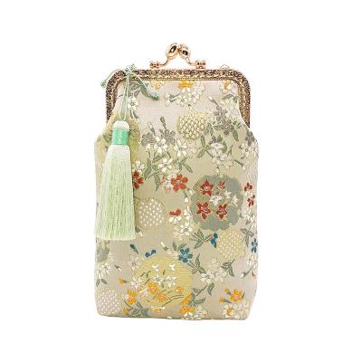 China AZO Free Vintage Chinese Style Embroidery Printing Ladies Messenger Bag Satin Mobile Phone Bag With Tassel for sale