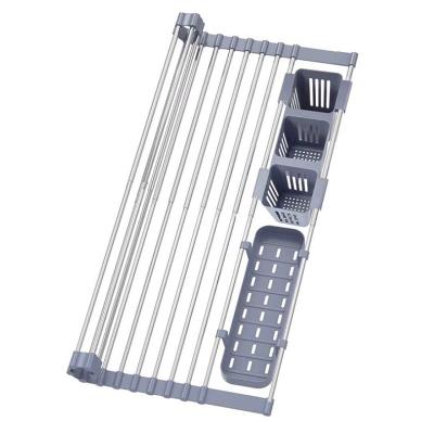 China Multifunctional Retractable Drain Rack Accessories Sink Kitchen Roll Dish Drying Rack With Knife Fork Chopsticks Basket for sale