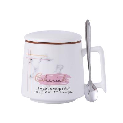 China CREATIVE Marble Mugs Couple Ceramic Cup Mug With Cover One Handle 400ML Ceramic Spoon Coffee Mug for sale