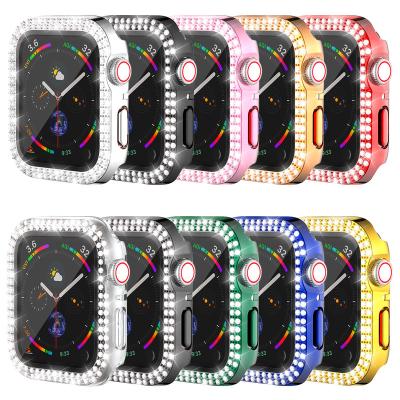 China Double Diamond Hard Bling Diamond Case PC Case Protector For Apple Watch 2022 Series SE/SE2/6/5/4 40/44mm, With 9H Tempered Glass Screen Protector for sale