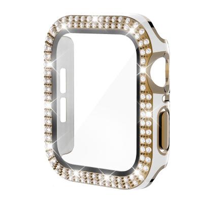 China Luxury High Quality White Gold Bling Screen Protector 40mm/44cm Diamond Hard PC Protective Case With Tempered Glass For Apple Watch Series SE 6 5 4 for sale