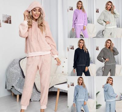 China 2020 Winter Women Thermal Clothing Plus Size Fuzzy Lounge Wear 2 Piece Pants Sets Hoodie Pajamas For Women for sale