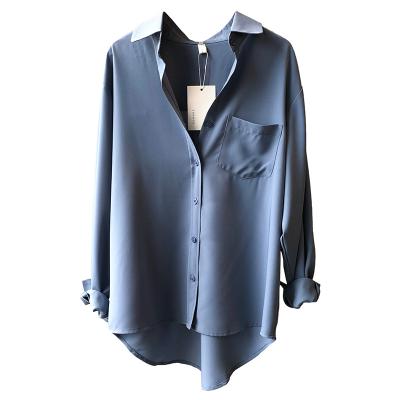 China 2021 Korean Spring Women's Fashion Clothing Long Sleeve Breathable Left Hand Collar Pocket Shirt Ladies Blouses Top Blousas For Women for sale