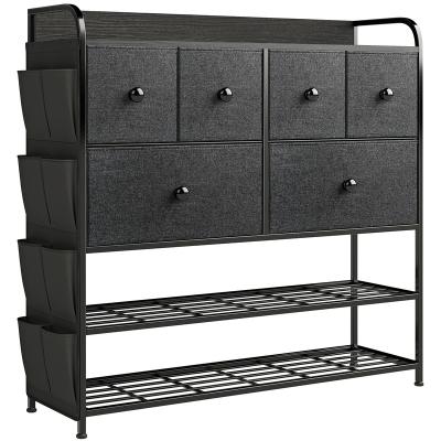 China Modular 6 Drawer Dresser and 2 Tier Shoe Racks for Bedroom Cloth Storage Wide Tower Black Dresser with Wood Top for Living Room for sale