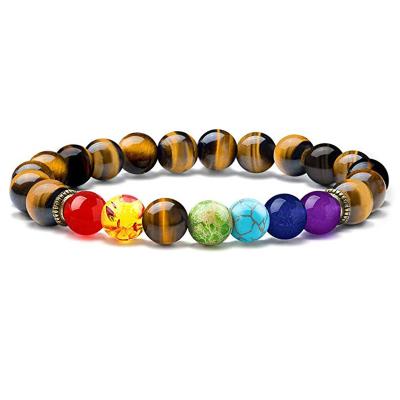 China BOHEMIA 8mm Tiger Eye 7 Chakra Bracelet Natural Stone Beaded Yoga Healing Energy Bracelet for sale