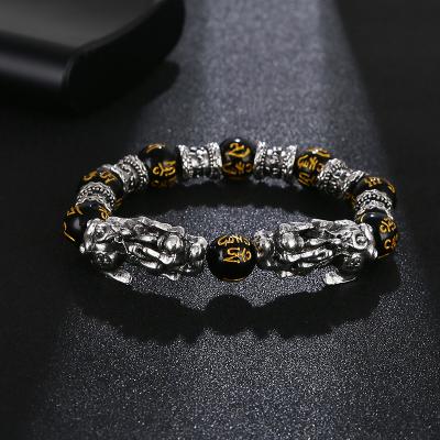 China FASHIONABLE 12mm Hand Carved Incantation Beads Thai Silver Pi Xiu Elastic Bracelet Feng Shui Wealth Bracelet for sale