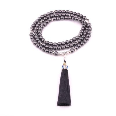 China Buddhist Necklace Jewelry 108 Mala Beads Hematite Hematite Necklace With Tassel Pendant for sale