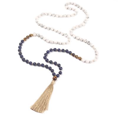 China Newest Popular Necklace Design Natural Tassel Howlite Eye and Tiger Long Handmade Woven Pendant Necklace for sale