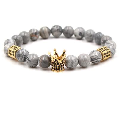 China TRENDY Natural Stone 8mm Beads Picture Agate Stone Micro Inlaid CZ Crown Bracelet for sale