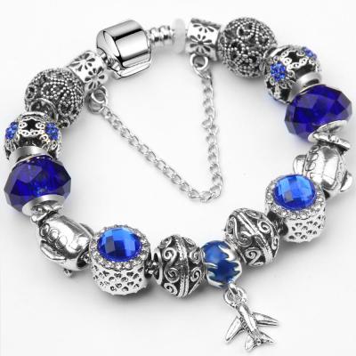 China Fashion Jewelry Popular Blue Crystal Alloy Bangles Silver Plated Pendant Bracelet for sale