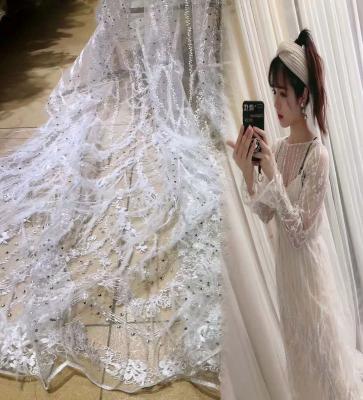 China 2019 Viable High End White Feather Lace Fabric 3d Embroidery Lace With Sequins for sale