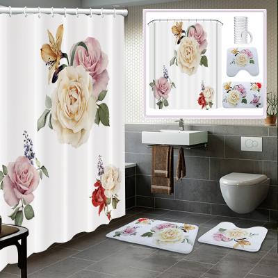 China Sustainable Modern Pattern Design Bathroom 3pcs Set Waterproof Printed Bath Shower Curtains Lining Sets With Covers for sale