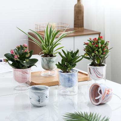 China Chinese style Nordic creative INS house marbling combination hydroponic ceramic glass automatic suction lazy flower pot for sale