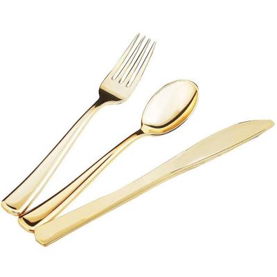 China Disposable Silverware Gold Disposable Flatware Gold Plastic Spoons Forks And Knives Spoons Plastic Cutlery Kit With Color Box for sale