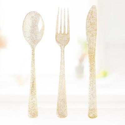 China Customized Logo Luxury Glitter Plastic Shiny Disposable To Go Cutlery Set Silverware Flatware Gold Flatware Set for sale