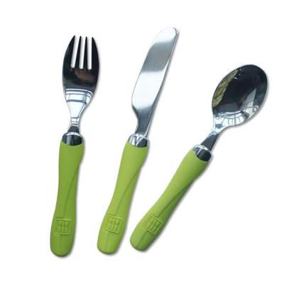 China 18/10 Stainless Steel Kids Baby Sustainable Flatware With Handle Colorful Plastic Kids Flatware Set for sale