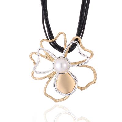 China Add UV-coating on Surfuce product to prevent tarnish pearl flower pendant gothic punk choker necklace for women chokers black leather necklaces popular necklace jewelry for sale