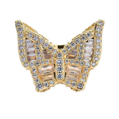 China Hiphop 2021 New Design 18k Gold Plated Crystal Rhinestone Big Butterfly Finger Rings for sale