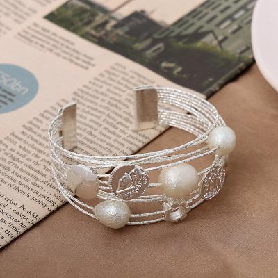 China Hot Selling CLASSIC Pearl Bead Wire Wrapped Adjustable Cuff Opening Bangle Bracelet For Women for sale