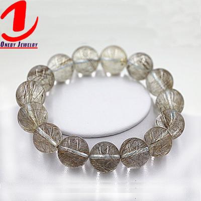 China Wholesale 12mm Natural Strands Shape Quartz Beads Silver Natural Hair Crystal Gemstone Jewelry Bracelets For Women Men for sale