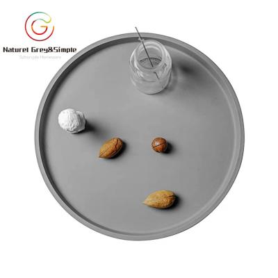 China Matt Light Gray Concrete Cement Natural Circle Serving Tray Round Stone Serving Tray for sale