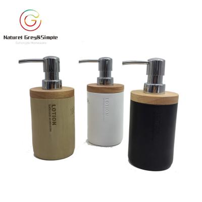 China Durable Polyresin Black Ceramic Look Tumbler Wooden Look Liquid Soap Dispenser for sale