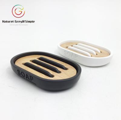 China Modern Black White Ceramic Look Polyresin Sopa Wooden Bamboo Dish for sale