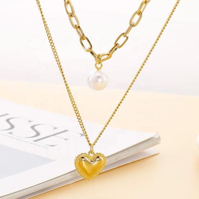 China 2021 new multilayer pearl necklace stainless steel baroque multilayer heart necklace gold necklace jewelry for sale