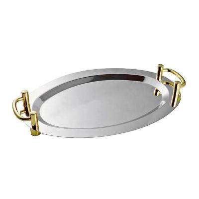 China Eco-friendly Wholesale 16 Inch Oval Stainless Steel Tray Mirror Tray With Handle Serving Anti Slip for sale